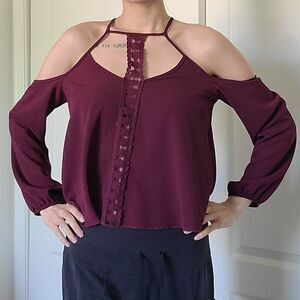 January 7 Red Maroon Balloon Sleeve Long Cut Out Cold Shoulder Blouse Top Small